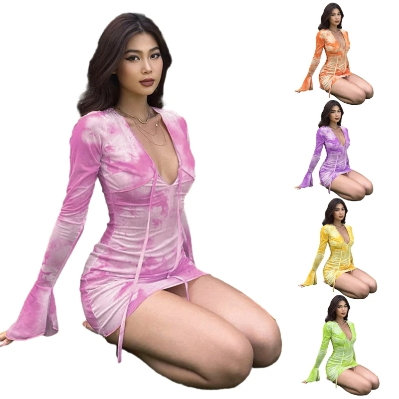 Womens V-Neck Long Sleeve Tie Dye Bodycon Dress Ruffle Fit Stretchy Party Club Short Mini Dress
Womens V-Neck Long Sleeve Tie Dye Bodycon Dress Ruffle Fit Stretchy Party Club Short Mini Dress