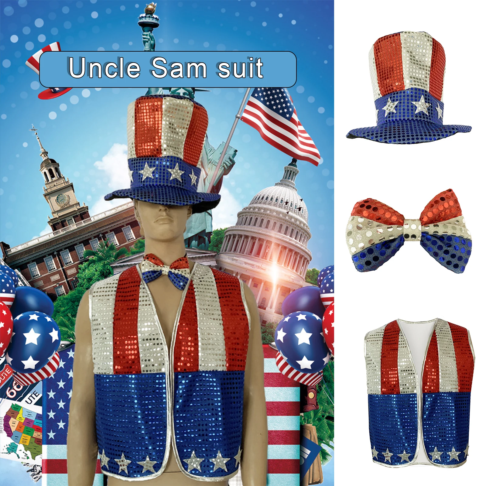 Uncle Sam Costume, Labor Day 4th of July Party Supplies Patriotic Accessories for Holiday Decoration
Uncle Sam Costume, Labor Day 4th of July Party Supplies Patriotic Accessories for Holiday Decoration