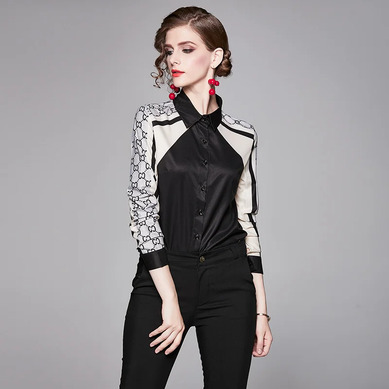 

New Fashion Elegant Chiffon Blouse Long Sleeve Vintage Single Breasted Tops Spliced Blouses Women Casual Shirt Camisa Feminina