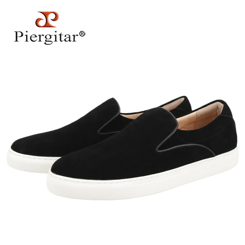 

Piergitar Black Glove Suede And White Calf Leathers Mens Slip-on Trainers Breathable Lining Sneakers Handcrafted Rubber Outsoles