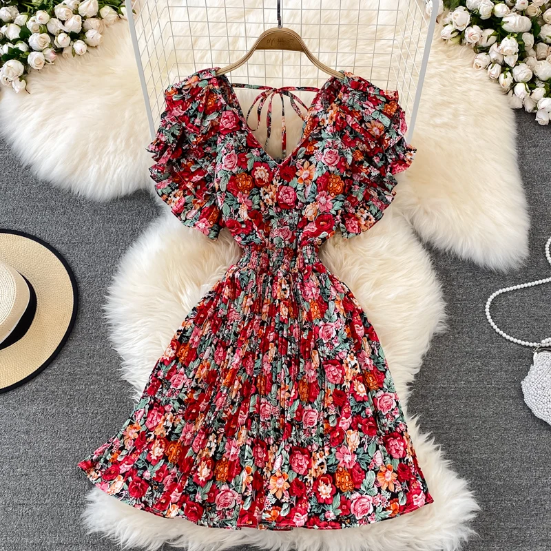 N GIRLS Floral Printed V-neck Dresses for Women Sweet Lotus Edge Pleated Woman Dress High Waist Short-sleeve Robe Femme 
N GIRLS Floral Printed V-neck Dresses for Women Sweet Lotus Edge Pleated Woman Dress High Waist Short-sleeve Robe Femme