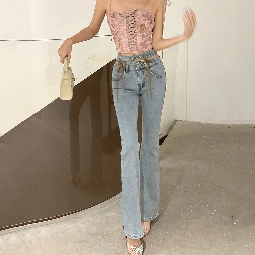 

Blue Tie Waist Flare Jeans Women Slim Denim Trousers Vintage Clothes 2022 spring High Waist Pants Belted Stretchy Wide Leg Jeans