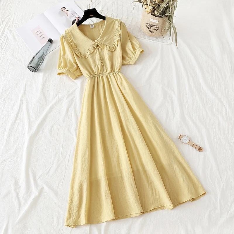 Women Summer Dress Peter Pan Collar Solid Cotton Linen Dresses 2022 High Waist A-line Puff Sleeve Close Waist Midi Dress Femme
Women Summer Dress Peter Pan Collar Solid Cotton Linen Dresses 2022 High Waist A-line Puff Sleeve Close Waist Midi Dress Femme