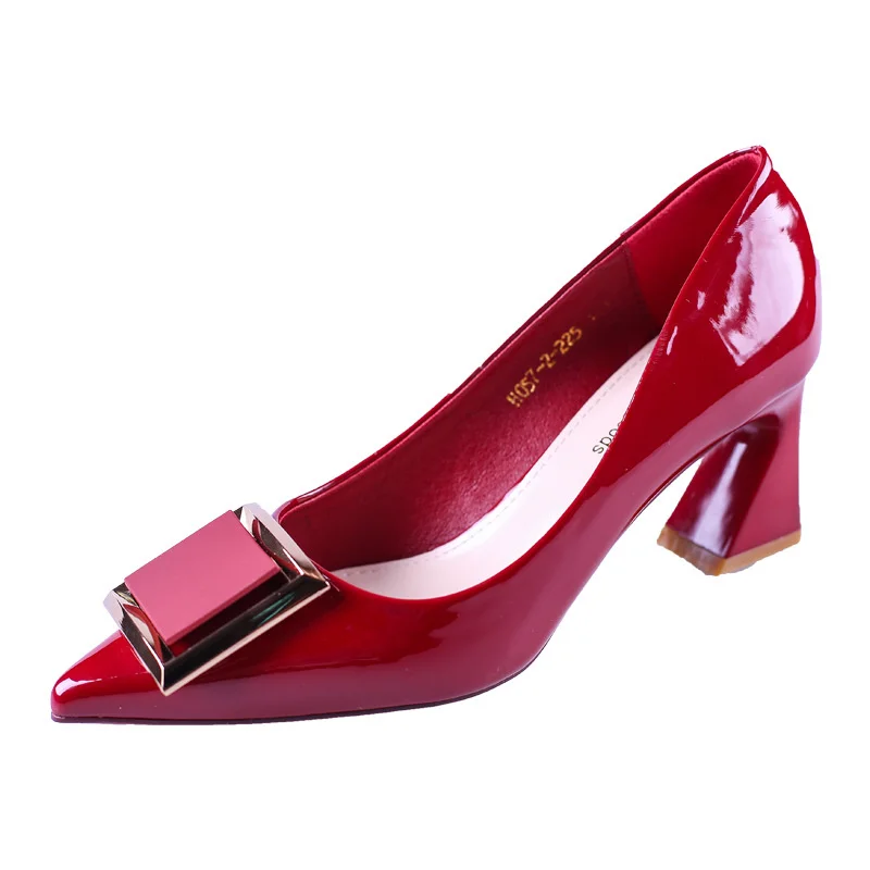 

Red Square Buckle Fashion OL Office Shoes New Women's Concise Patent Leather Shallow High Heels Shoes Pointed Toe Women Pumps