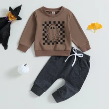 2023-05-25 Lioraitiin 0-3Years Boys 2Pcs Fall Outfits Checkerboard Ghost Print Crew Neck Long Sleeve Sweatshirts Long Pants