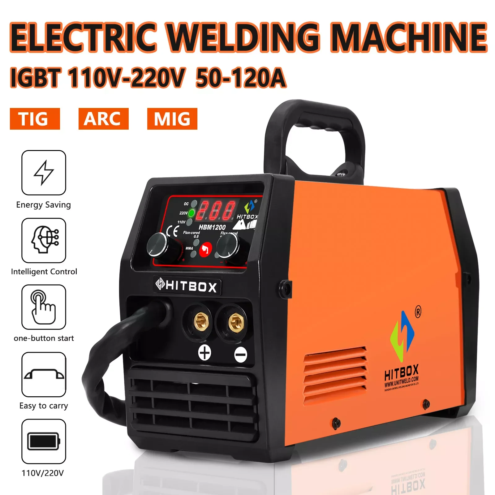 

HITBOX Mig Welder Semi-Automatic 110V 220V Inverter Tig Argon Arc Gas-Less Mig Welder 3 in 1 Synergy HBM1200 Welding Machine