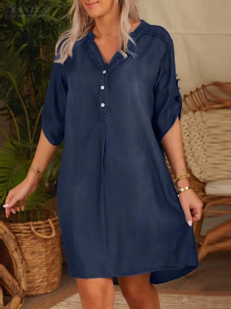 Модное женское джинсовое платье ZANZEA, летнее элегантное платье с V-образным вырезом и рукавом 3/4, Однотонный сарафан длиной до колен, повседневное женское платье для работы
Модное женское джинсовое платье ZANZEA, летнее элегантное платье с V-образным вырезом и рукавом 3/4, Однотонный сарафан длиной до колен, повседневное женское платье для работы