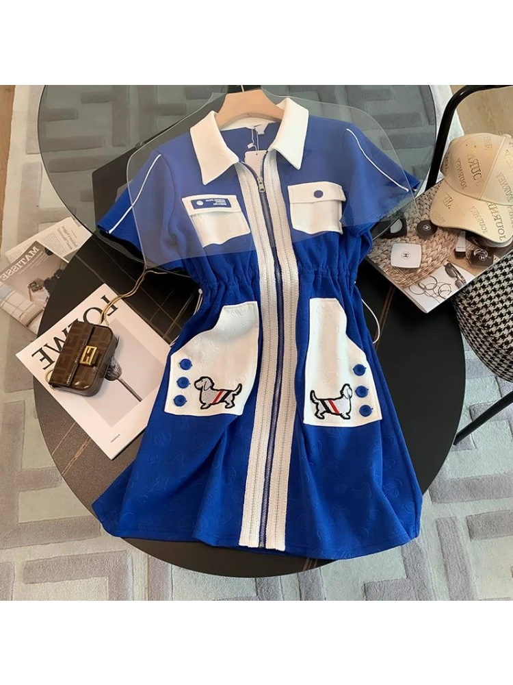 Klein Blue Contrast Color Polo Collar Zipper Dress Women's Summer New Drawstring Waist Casual A-line Short Sleeve Shirt Female
Klein Blue Contrast Color Polo Collar Zipper Dress Women's Summer New Drawstring Waist Casual A-line Short Sleeve Shirt Female