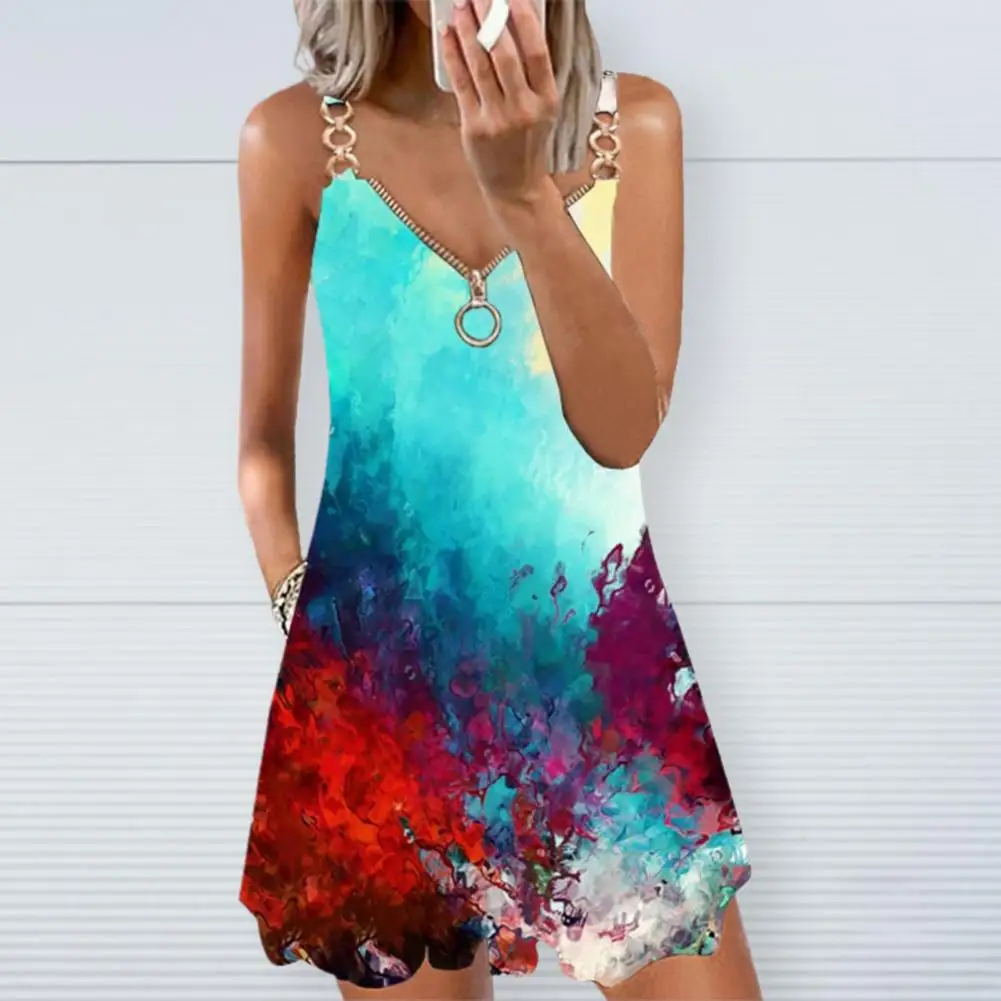 Chain Shoulder Straps Zipper V-neck Summer Dress A-Line Summer Vintage Print Sling Dress Loose Waist Flowy Hem Mini Dress
Chain Shoulder Straps Zipper V-neck Summer Dress A-Line Summer Vintage Print Sling Dress Loose Waist Flowy Hem Mini Dress