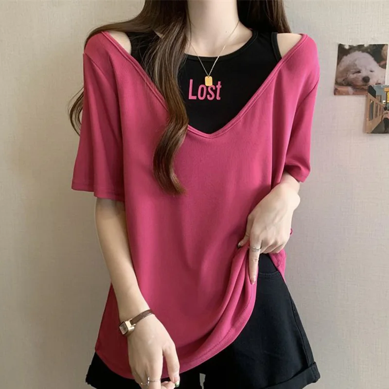 Fashion Loose Letter Off Shoulder Fake Two Pieces T-Shirt Female Clothing 2023 Summer Casual Pullovers Korean Tee Shirt
Fashion Loose Letter Off Shoulder Fake Two Pieces T-Shirt Female Clothing 2023 Summer Casual Pullovers Korean Tee Shirt