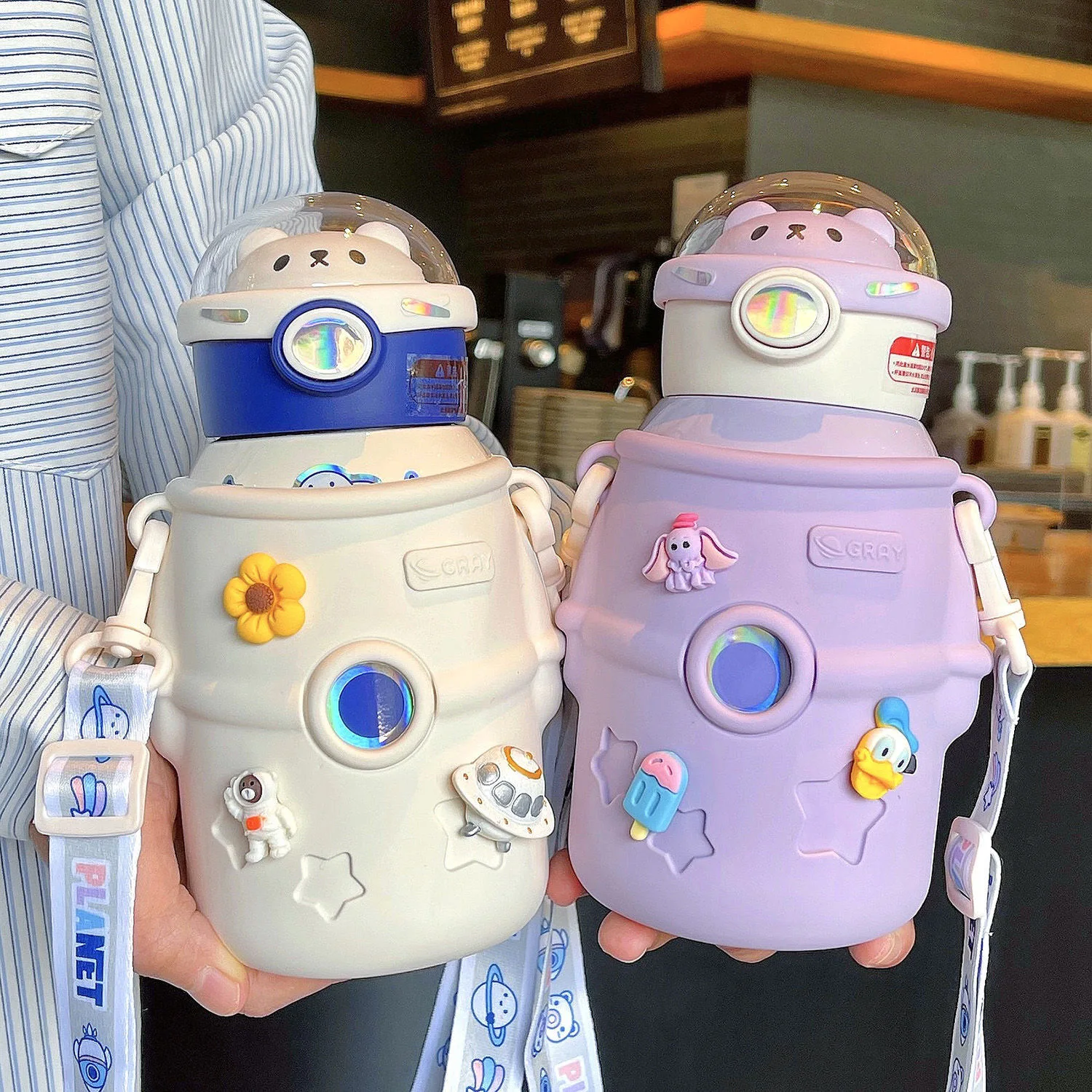 

Kawaii Children Thermos Water Bottle With Straw Stainless Steel Cute Cartoon Mug Planet Astronaut Thermos Cup Student Bottles