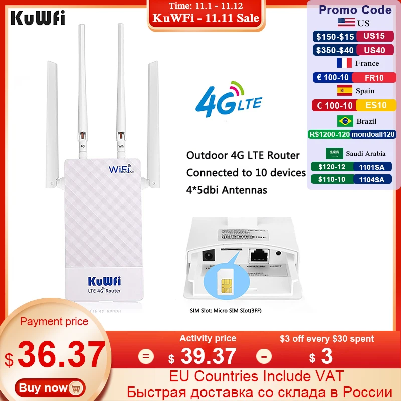 Уличный 4G Wi-Fi роутер KuWFi 2023, Мбит/с, водонепроницаемый беспроводной роутер, 4g, Sim-карта, модем, удлинитель Wi-Fi с 4 антеннами для IP
Уличный 4G Wi-Fi роутер KuWFi 2023, Мбит/с, водонепроницаемый беспроводной роутер, 4g, Sim-карта, модем, удлинитель Wi-Fi с 4 антеннами для IP