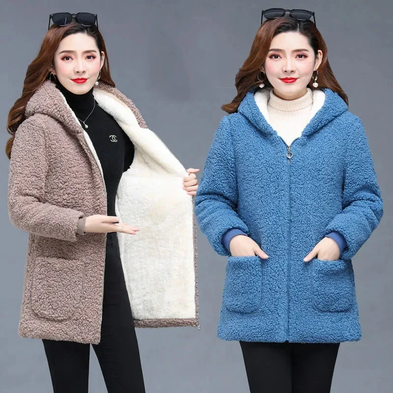 

Middle-aged Mother Women's Imitate Lamb Wool Coat 2022 New Fashion Winter Jacket Women Loose Hooded Thicken Warm Female Overcoat