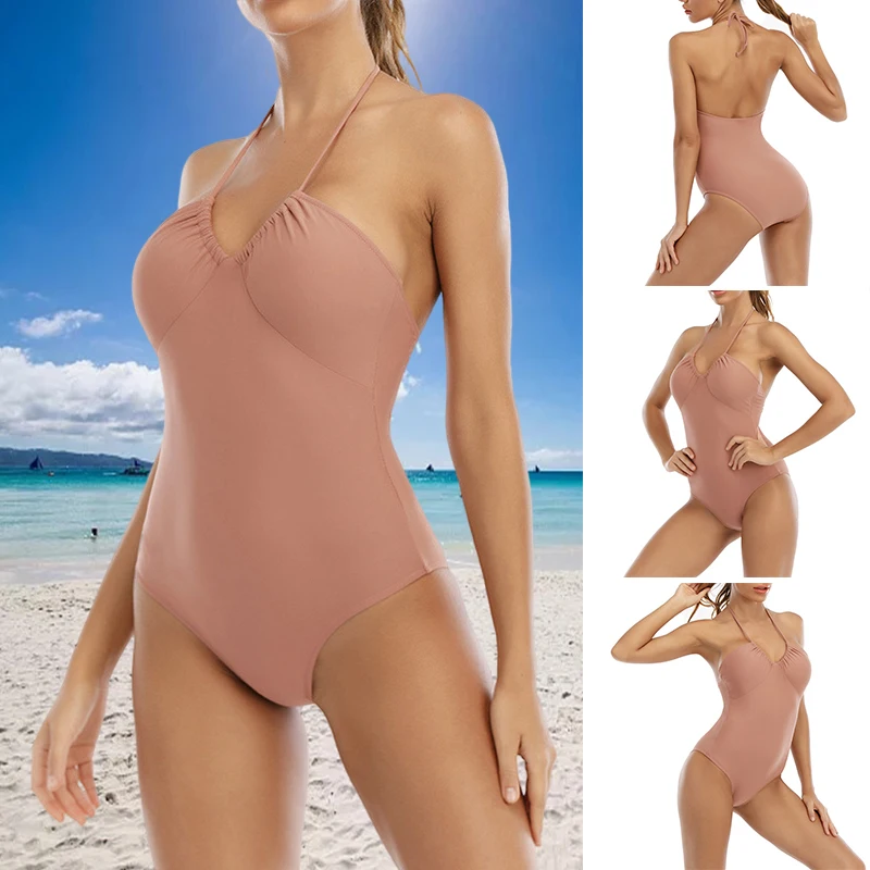 

Women's One Piece Swimsuits Spaghetti Strap Halter Neck Monokini Sexy Padded Backless Swimwear for Beach Pool XRQ88