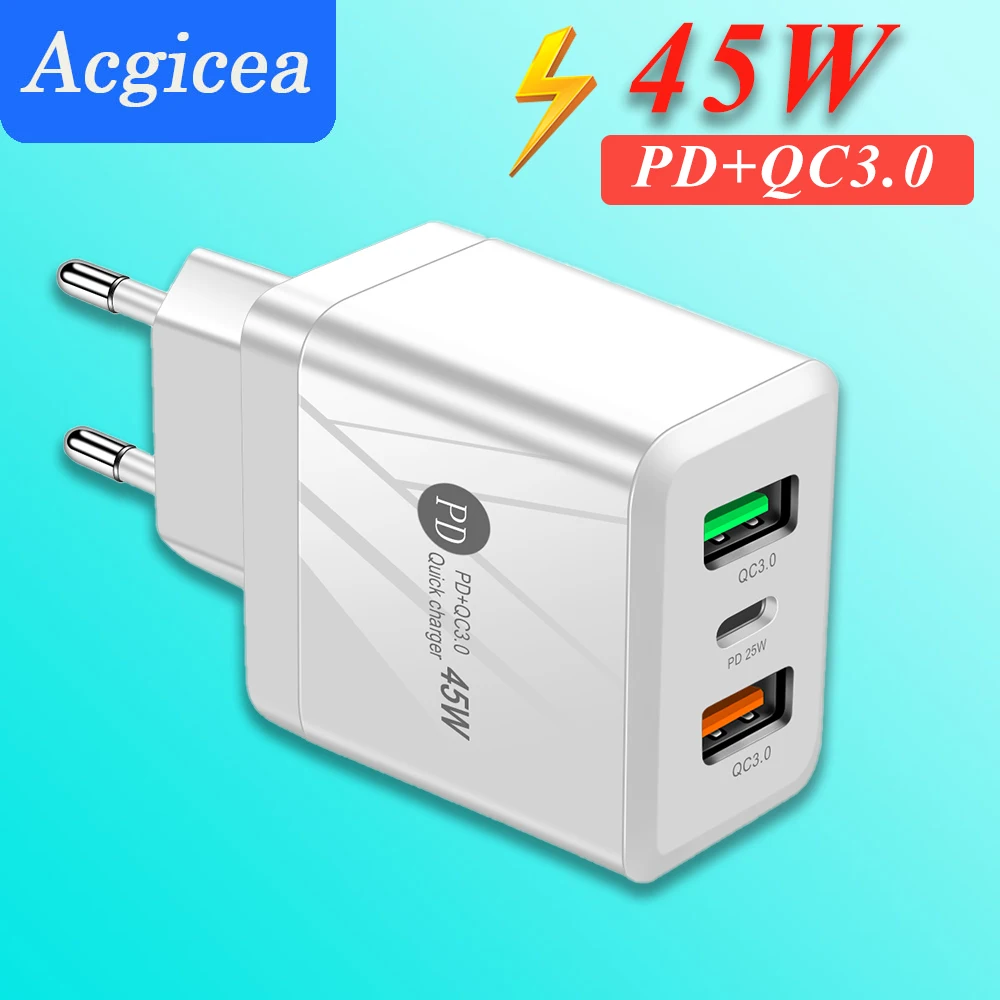 45W Mobile Phone Charger USB Type-C Charger PD USB Fast Charging Quick Charge 3.0 Wall Charger Adapter for iPhone Xiaomi Samsung
45W Mobile Phone Charger USB Type-C Charger PD USB Fast Charging Quick Charge 3.0 Wall Charger Adapter for iPhone Xiaomi Samsung