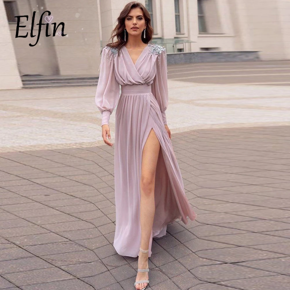 Elfin Princess Evening Dresses Chiffon Beading Prom Party Gown Plus Size Long Sleeve V-neck Formal Evening Gown with Split
Elfin Princess Evening Dresses Chiffon Beading Prom Party Gown Plus Size Long Sleeve V-neck Formal Evening Gown with Split