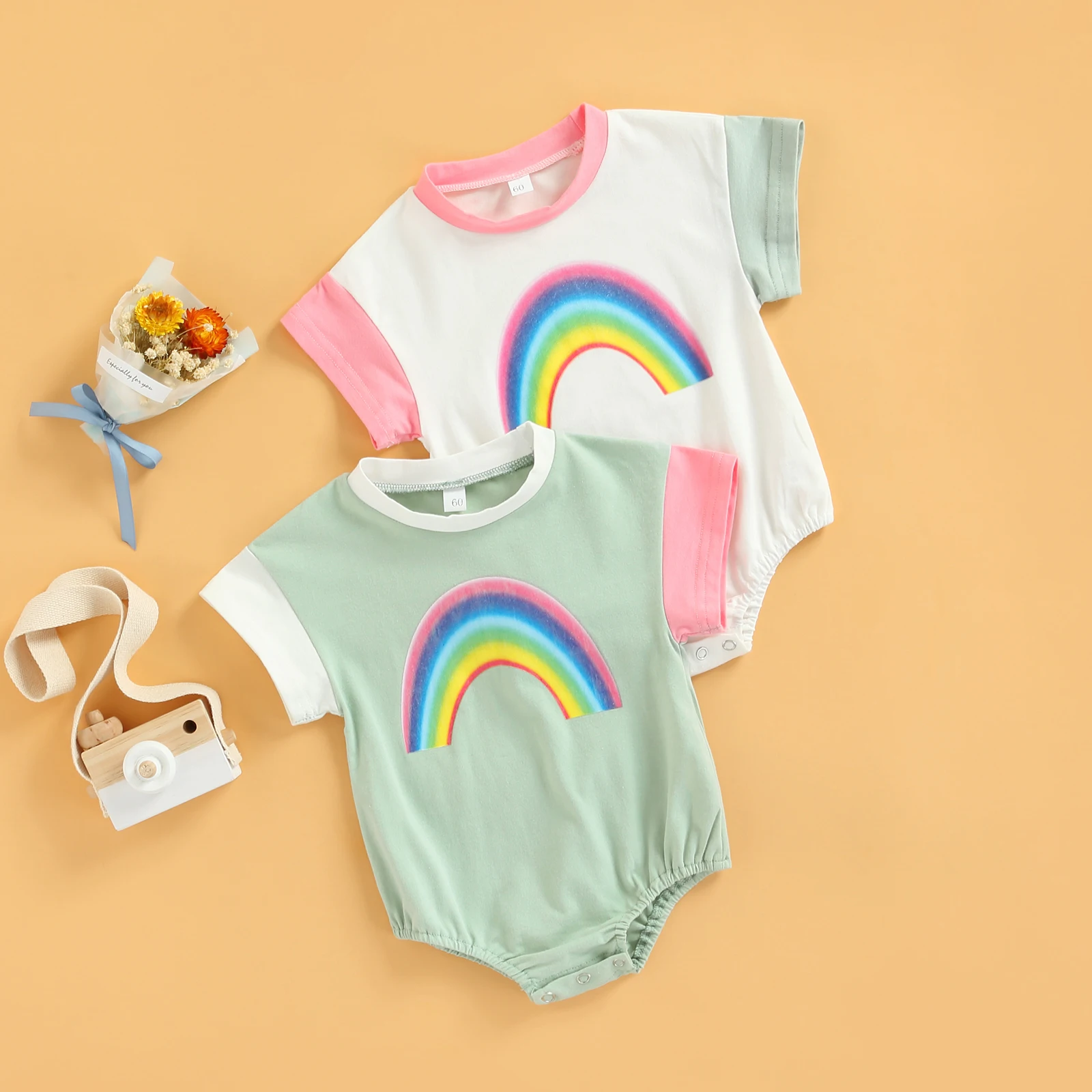 Newborn Girl Short Sleeve Romper Rainbow Printed Contrast Color Patchwork Round Neck Simple Style Bodysuit 
Newborn Girl Short Sleeve Romper Rainbow Printed Contrast Color Patchwork Round Neck Simple Style Bodysuit
