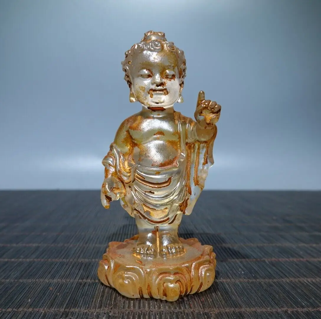 Изысканная старая цветная глазурованная резная статуя Будды направленная на небо и землю 
Изысканная старая цветная глазурованная резная статуя Будды направленная на небо и землю