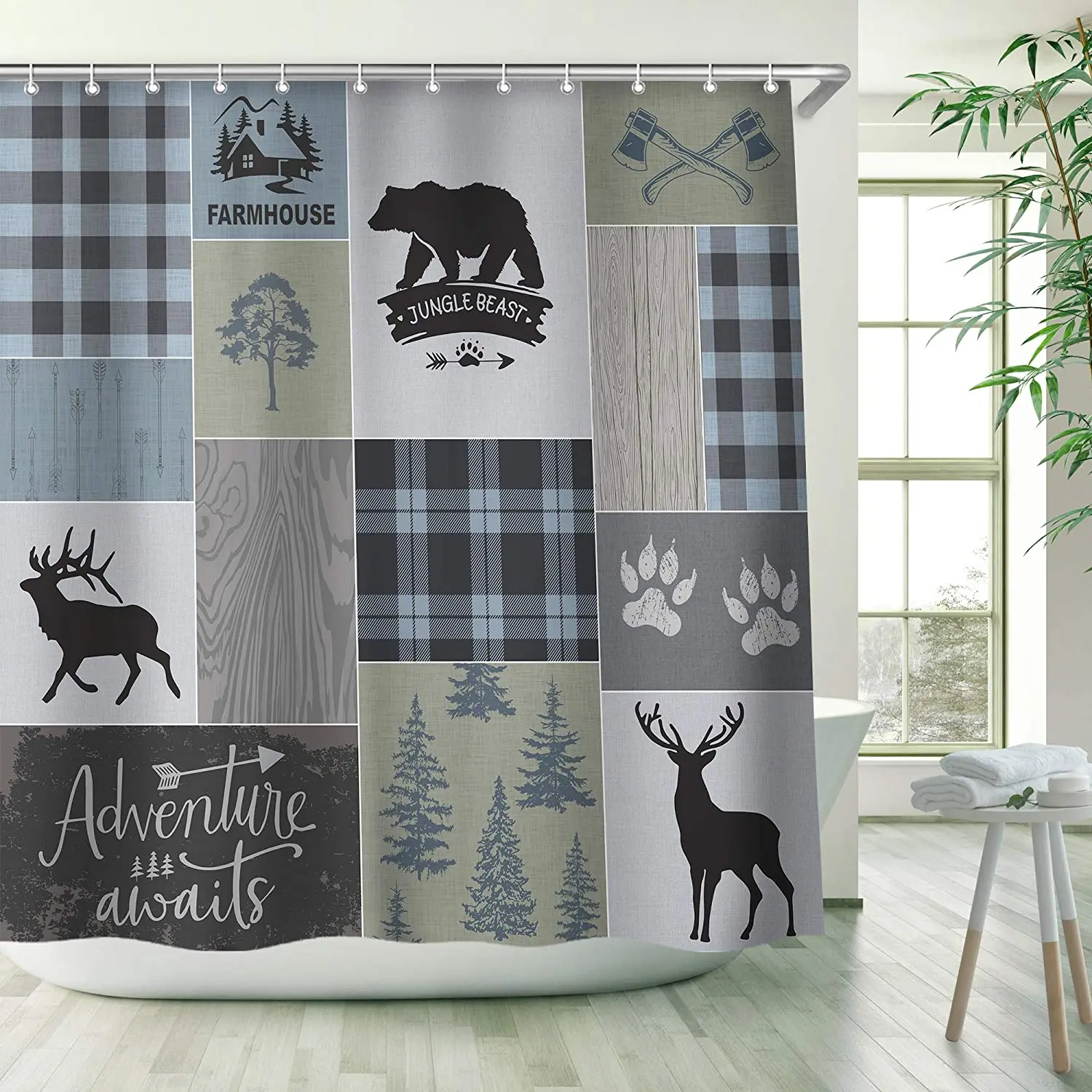 

Cabin Shower Curtain Farmhouse Rustic Bear Deer Country Lodge Cowboy Curtains with Hooks Grid Claw Wildlife Adventure for Men
