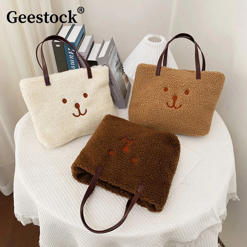 Geestock Soft Plush Tote Bags Women's Fashion Plush Bag Winter Large Shoulder Bag Cartoon Cute Bear Handbag New Trend Designer 
Geestock Soft Plush Tote Bags Women's Fashion Plush Bag Winter Large Shoulder Bag Cartoon Cute Bear Handbag New Trend Designer