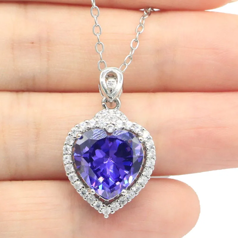 

27x16mm Highly Recommend Heart 6.1g Purple Amethyst CZ Women Engagement Silver Necklace 17-18inch