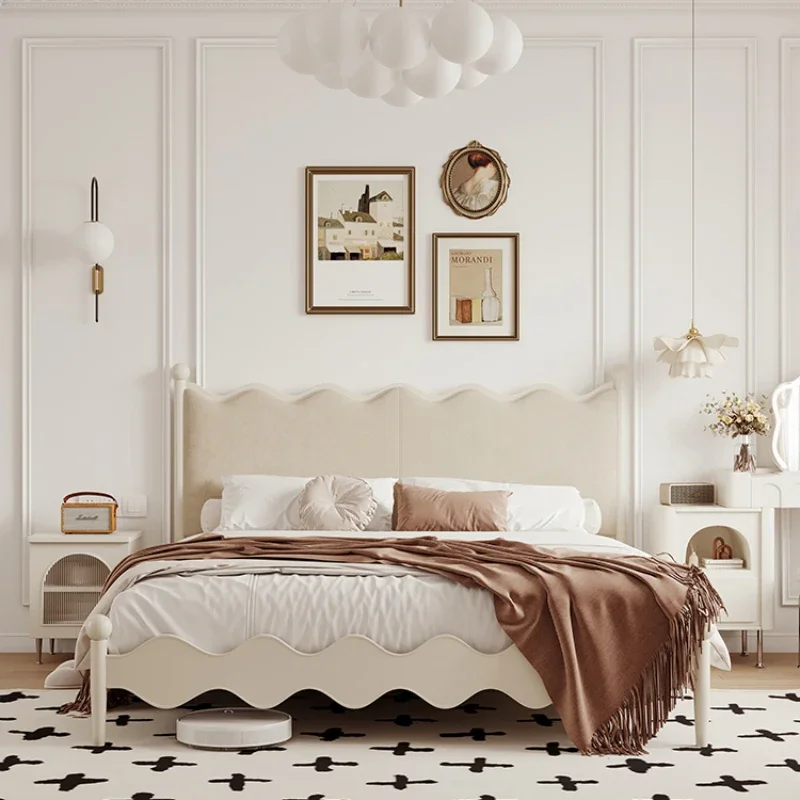 

Cream style retro bed, white 1.8m small unit master bedroom, provincial space double bed, white wax wood solid wood bed