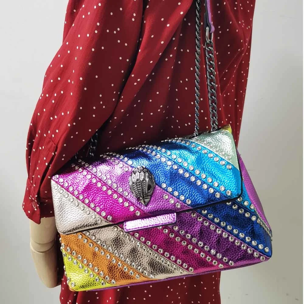 

Diamond Rivets Rainbow Wave Pattern Women Handbag Eagle Head on The Front Flap Colorful Cross Body Bag Patchwork PU Leather