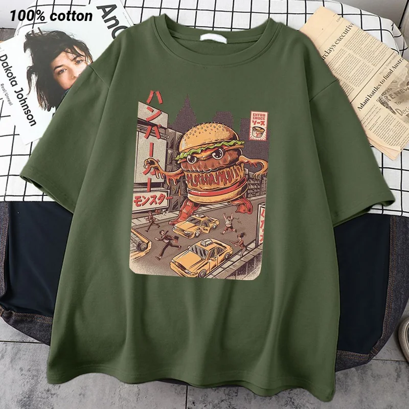 

Ukiyoe Japan Style Burgerzilla Tee Shirt Harajuku Retro T Shirt Summer Street Tee Shirts Tops Casual Loose T Shirts For Mens