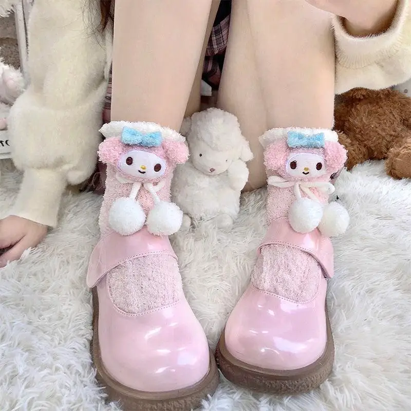 

Kawaii Sanrio Anime Socks Cute My Melody Kuromi Hello Kitty Coral Velvet Thickening Middle Cylinder Socks Girls Christmas Gift