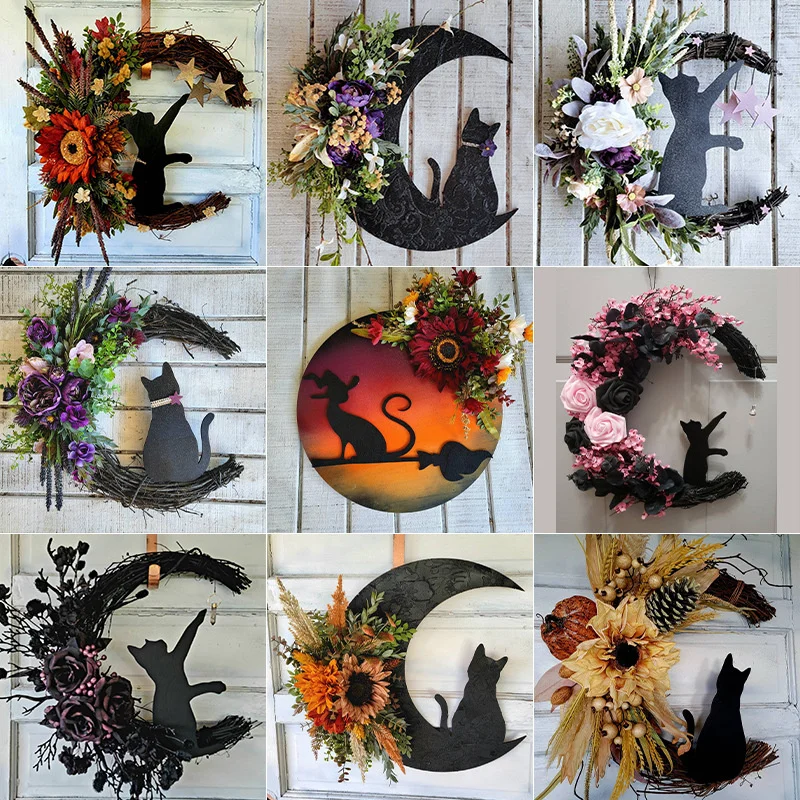 

9 Style Moon Shaped Door Wreaths Halloween Holiday Decorations Welcome Sign Goth Roses Black Cats Garland Front Door Ornament
