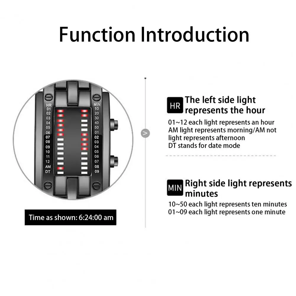 Exquisite Wristwatch Button Control Binary Watch Comfortable to Wear Red Bead Light Display Electronic Watch Precise Time
Exquisite Wristwatch Button Control Binary Watch Comfortable to Wear Red Bead Light Display Electronic Watch Precise Time