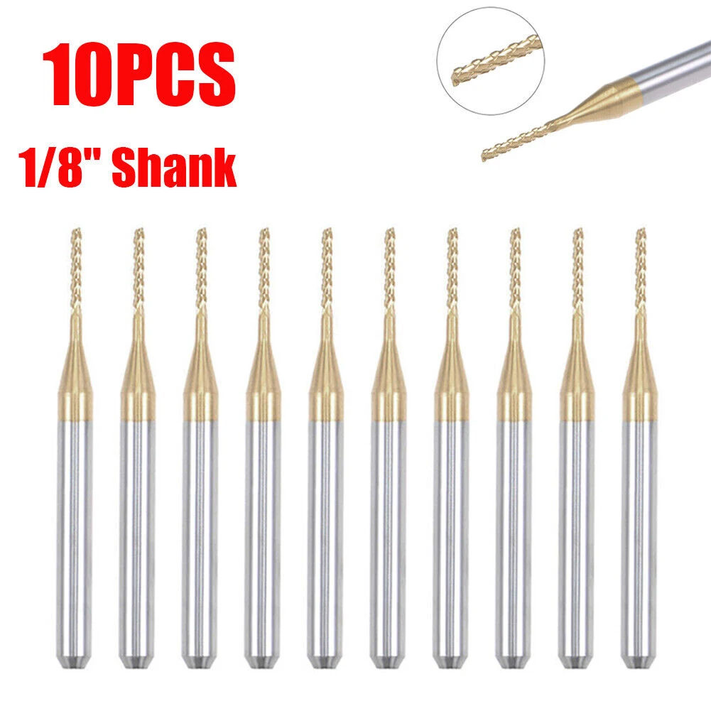 10pcs Titanium Coat Router Bits Drill Bit Carbide End Mill Engraving CNC Router Bits 1/8" Shank Engraving Milling Cutter
10pcs Titanium Coat Router Bits Drill Bit Carbide End Mill Engraving CNC Router Bits 1/8" Shank Engraving Milling Cutter