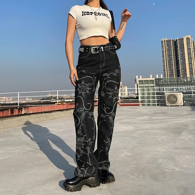 WeiYao Vintage Print Grunge Denim Straight Pants Women High Waist Streetwear Goth Joggers Aesthetic 90s Korean Jean Trousers
WeiYao Vintage Print Grunge Denim Straight Pants Women High Waist Streetwear Goth Joggers Aesthetic 90s Korean Jean Trousers