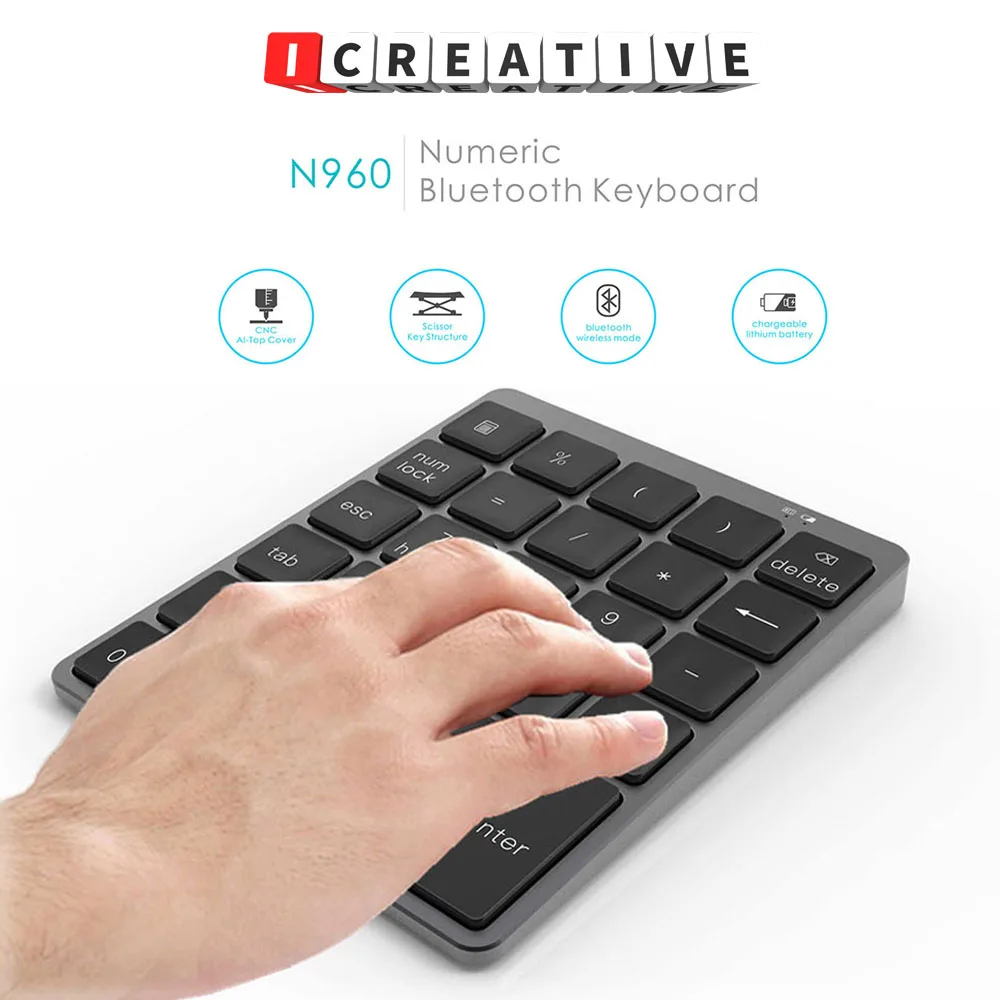 ICREATIVE N960 NEW 28 keys mini portable aluminum alloy rechargeable wireless Bluetooth digital renegade mobile keypad
ICREATIVE N960 NEW 28 keys mini portable aluminum alloy rechargeable wireless Bluetooth digital renegade mobile keypad
