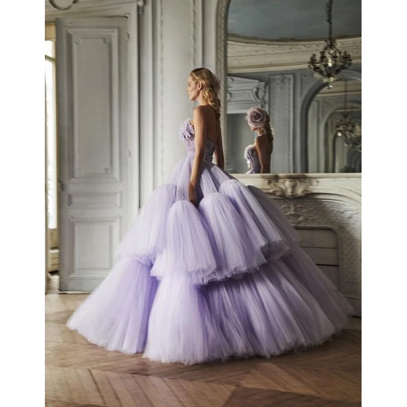 

Sweet Lavender Tulle Puffy Prom Dresses Strapless Ruffles Tiered Long Female Gowns Elegant Evening Vestido De Mulher