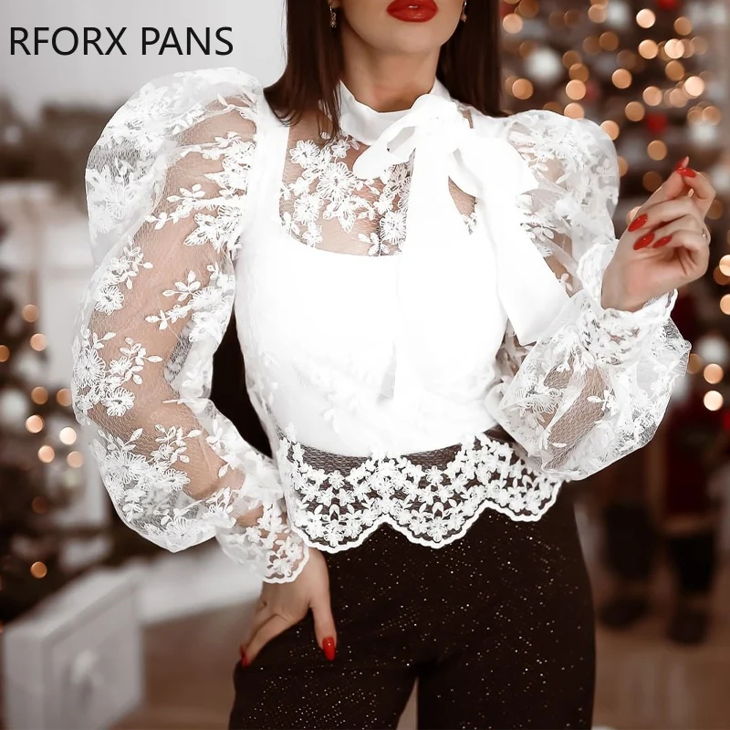 Women Solid Bow Long Puff Sleeves Basic Lace Patchwork Sexy Two Pieces Working BlousesTops
Women Solid Bow Long Puff Sleeves Basic Lace Patchwork Sexy Two Pieces Working BlousesTops