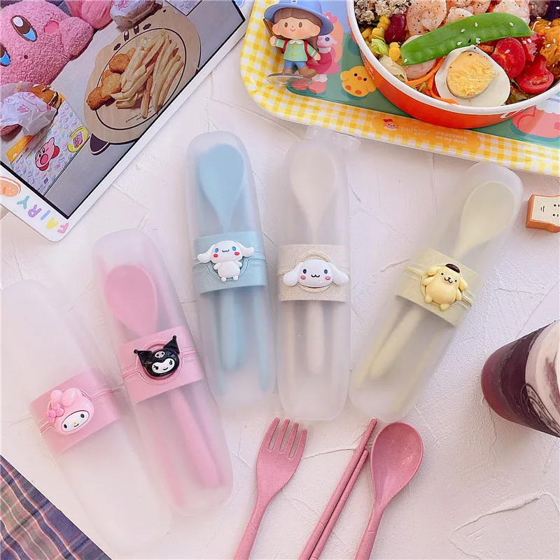 

Anime Sanrioed Kuromi Cinnamoroll Kawaii Dinnerware Set Meal Spoon Fork Chopsticks Tableware Practical Portable Children's Gift