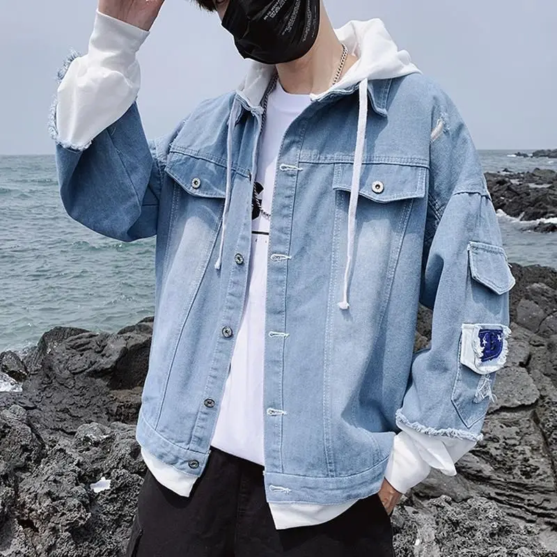 Spring and Autumn Hooded Patchwork Denim Jacket Men's Fashion Handsome Outerwear Jacket Student Loose BF Jacket
Spring and Autumn Hooded Patchwork Denim Jacket Men's Fashion Handsome Outerwear Jacket Student Loose BF Jacket