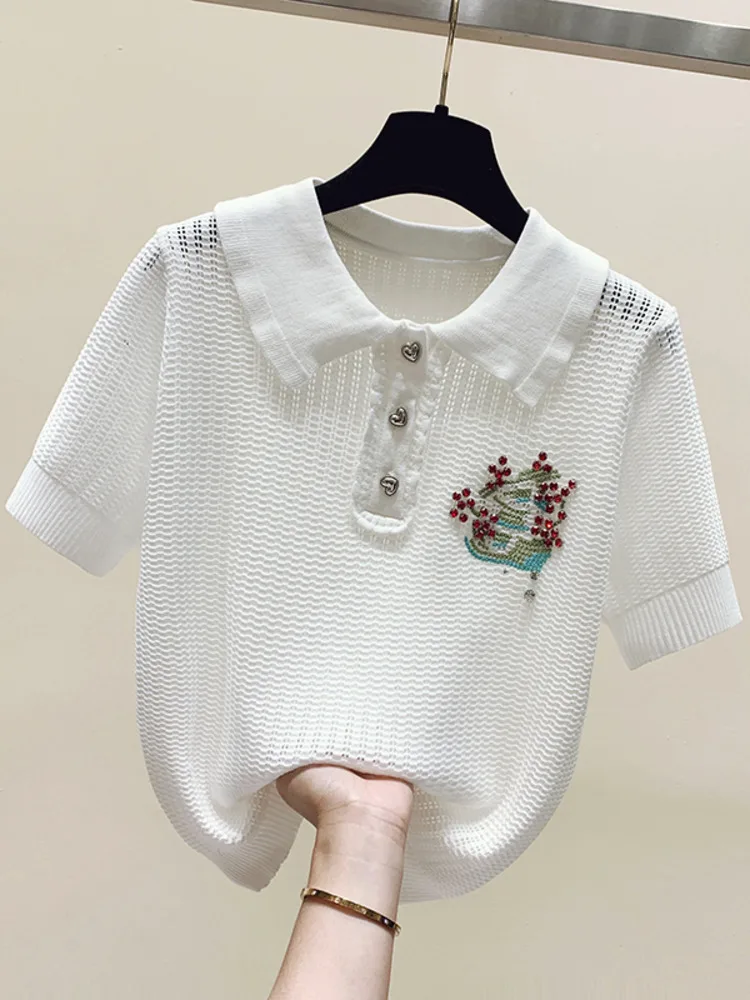 Summer New Beaded Diamonds Knit Sweater Korean Fashion Stitching Sweet Lapel Pullover Women Short Sleeve Knitwear Jumper 
Summer New Beaded Diamonds Knit Sweater Korean Fashion Stitching Sweet Lapel Pullover Women Short Sleeve Knitwear Jumper