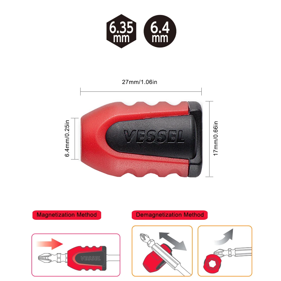 VESSEL Tool NMC-2P Magnetic Screw Holder Ring Applied to 6.4 mm Hex Screwdriver and 6.35mm Power Bits
VESSEL Tool NMC-2P Magnetic Screw Holder Ring Applied to 6.4 mm Hex Screwdriver and 6.35mm Power Bits