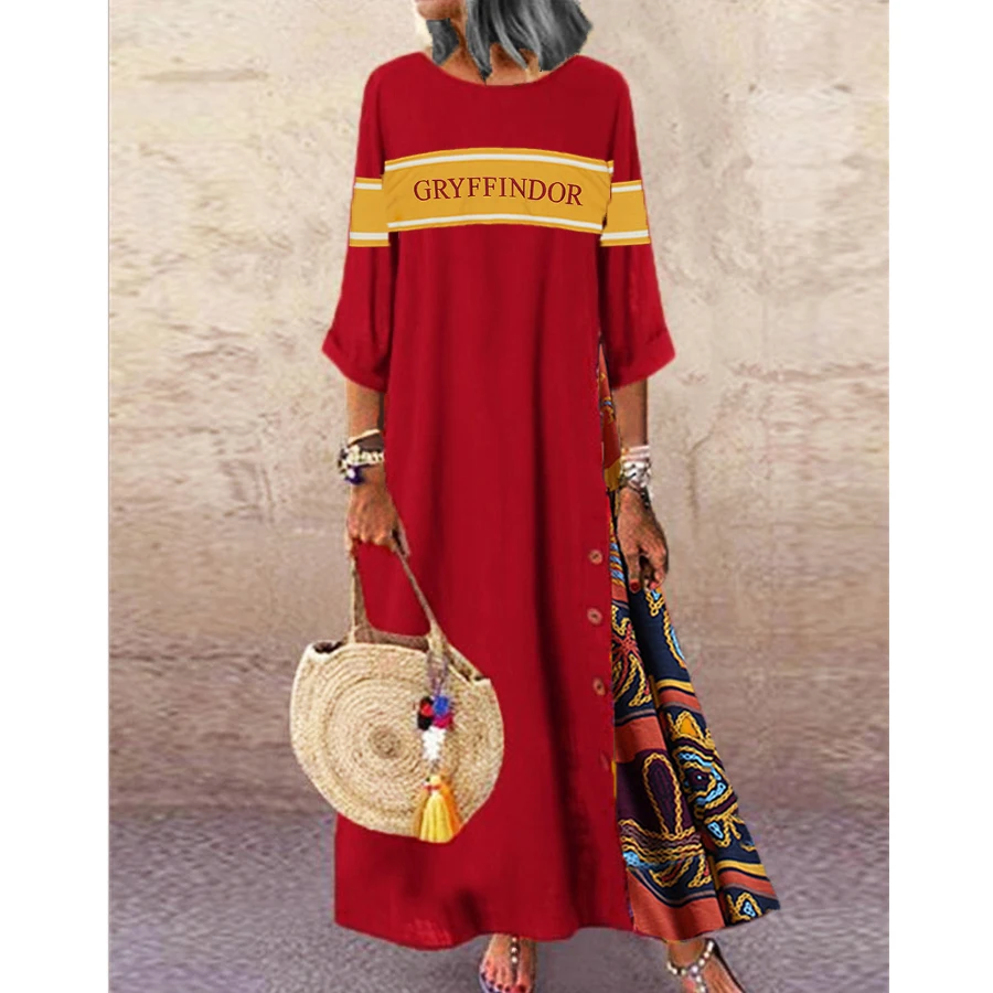 HP Retro print floral round neck contrast button stitching three-quarter sleeve Dress
HP Retro print floral round neck contrast button stitching three-quarter sleeve Dress