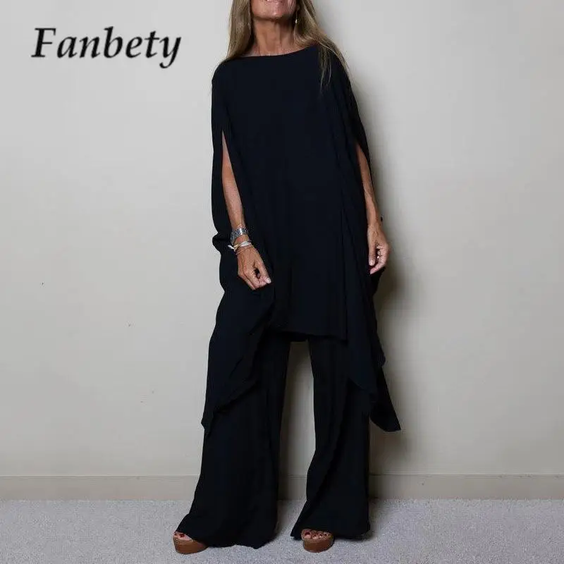 2023 Loose Irregular Women's Suit Summer Round Neck Top and Trousers Set Casual Ladies Solid Color Two Piece Wide Leg Pants Set
2023 Loose Irregular Women's Suit Summer Round Neck Top and Trousers Set Casual Ladies Solid Color Two Piece Wide Leg Pants Set