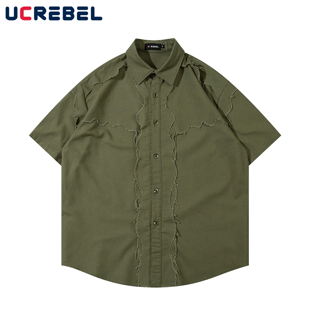 

Raw Edge Spliced Short Sleeve Shirt Mens Summer Lapel Loose Curved Hem Single Breasted Solid Color Casual Top