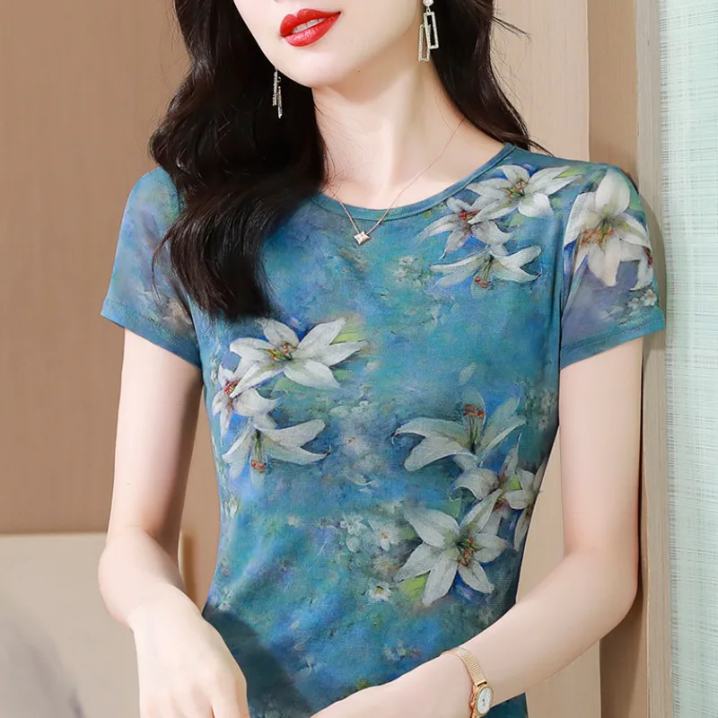 #6939 Summer 2023 Floral Print Mesh T Shirt Women Round Neck Tight Tshirt Female Short Sleeve Sexy Retro Office T-shirt Elastic
#6939 Summer 2023 Floral Print Mesh T Shirt Women Round Neck Tight Tshirt Female Short Sleeve Sexy Retro Office T-shirt Elastic