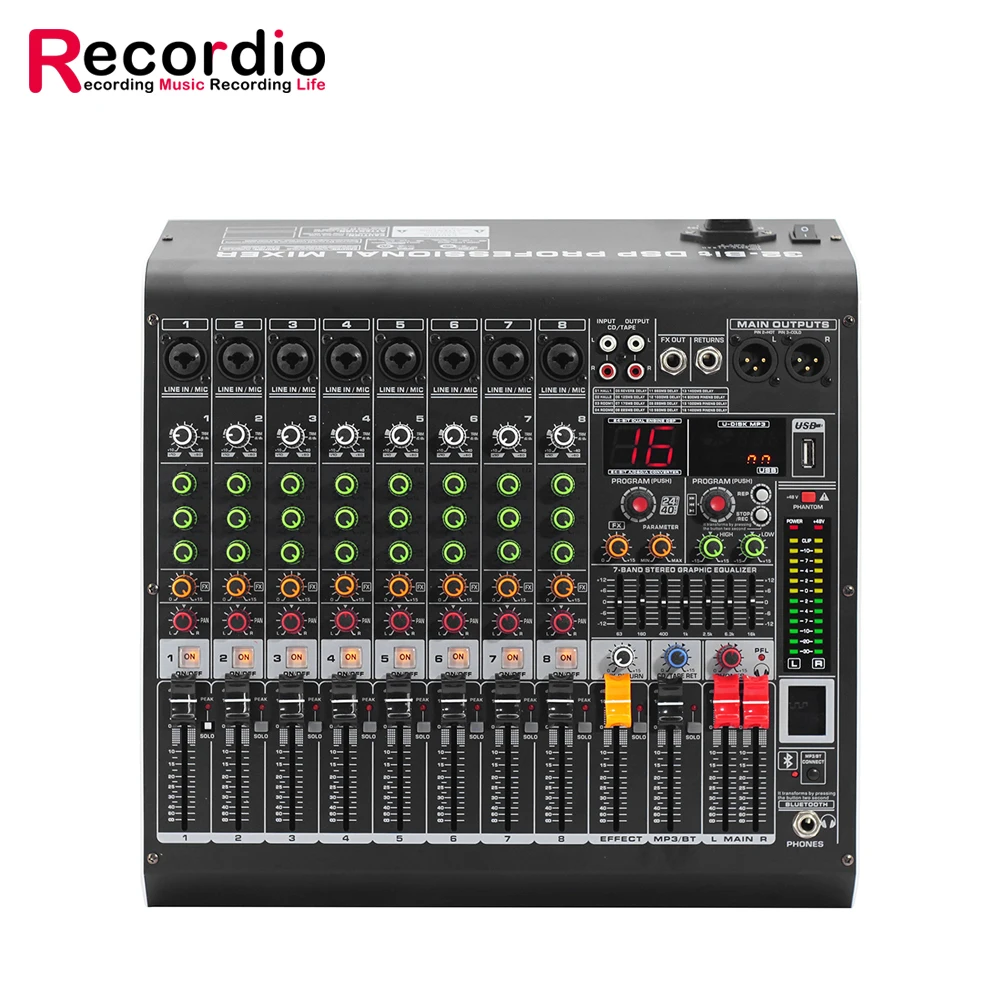 

GAX-MC8 8 Channel Blueteeth Mixer 24 Bit DSP Digital Effect Sound Mixing Console Equipment USB 48V DJ Studio