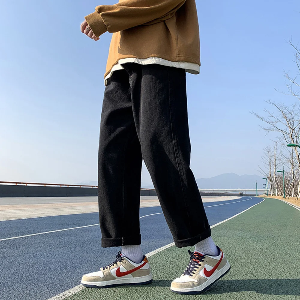 

Джинсы мужские с завышенной талией, брюки из денима с прямыми штанинами, эластичные мешковатые брюки в Корейском стиле, весна-осень