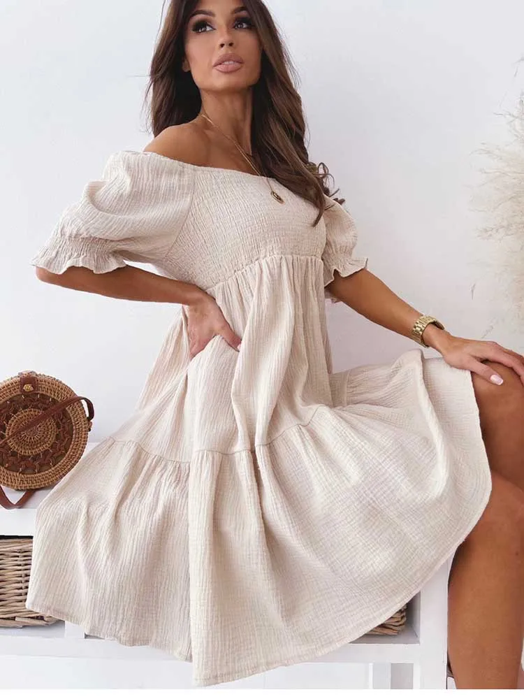 Summer Women Slash Neck Pleated Short Sleeve Solid Loose Mini Dress Casual Women Party Short Backless Party Dress Vestido Mujer
Summer Women Slash Neck Pleated Short Sleeve Solid Loose Mini Dress Casual Women Party Short Backless Party Dress Vestido Mujer