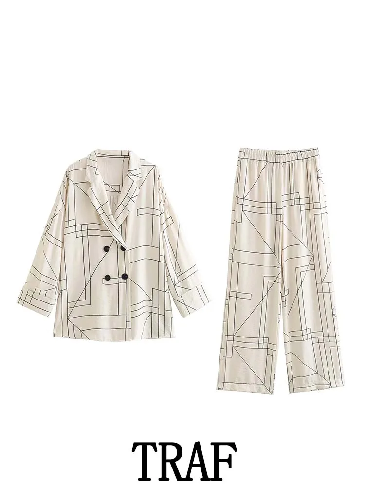 TRAF2023 Woman 2 Piece Sets Fashion Geometric Print Double Breasted Blazer Coat Tops + High Waist Long Pants Summer Causal Sets
TRAF2023 Woman 2 Piece Sets Fashion Geometric Print Double Breasted Blazer Coat Tops + High Waist Long Pants Summer Causal Sets