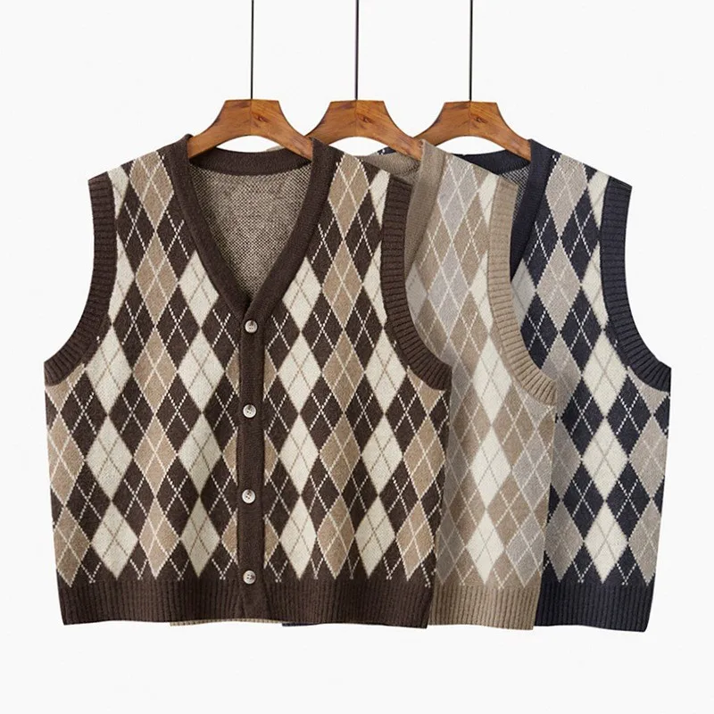 Women Knitted Plaid Sweater Vest Female Loose V-neck Knitted Vest Sleeveless Sweater Waistcoat Ladies Retro All-match Vests G193
Women Knitted Plaid Sweater Vest Female Loose V-neck Knitted Vest Sleeveless Sweater Waistcoat Ladies Retro All-match Vests G193