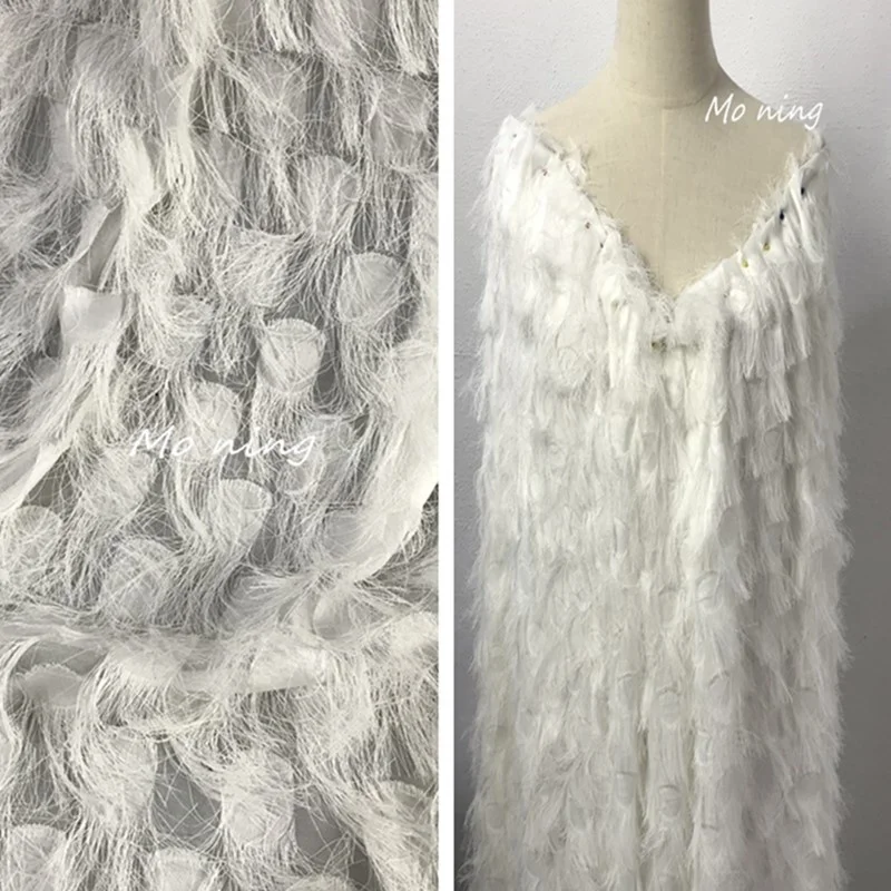 

Three-Dimensional Cut Eyelash Feather Tassel Chiffon Fabric-White Mesh Top Cloak Clothing Designer Cloth/